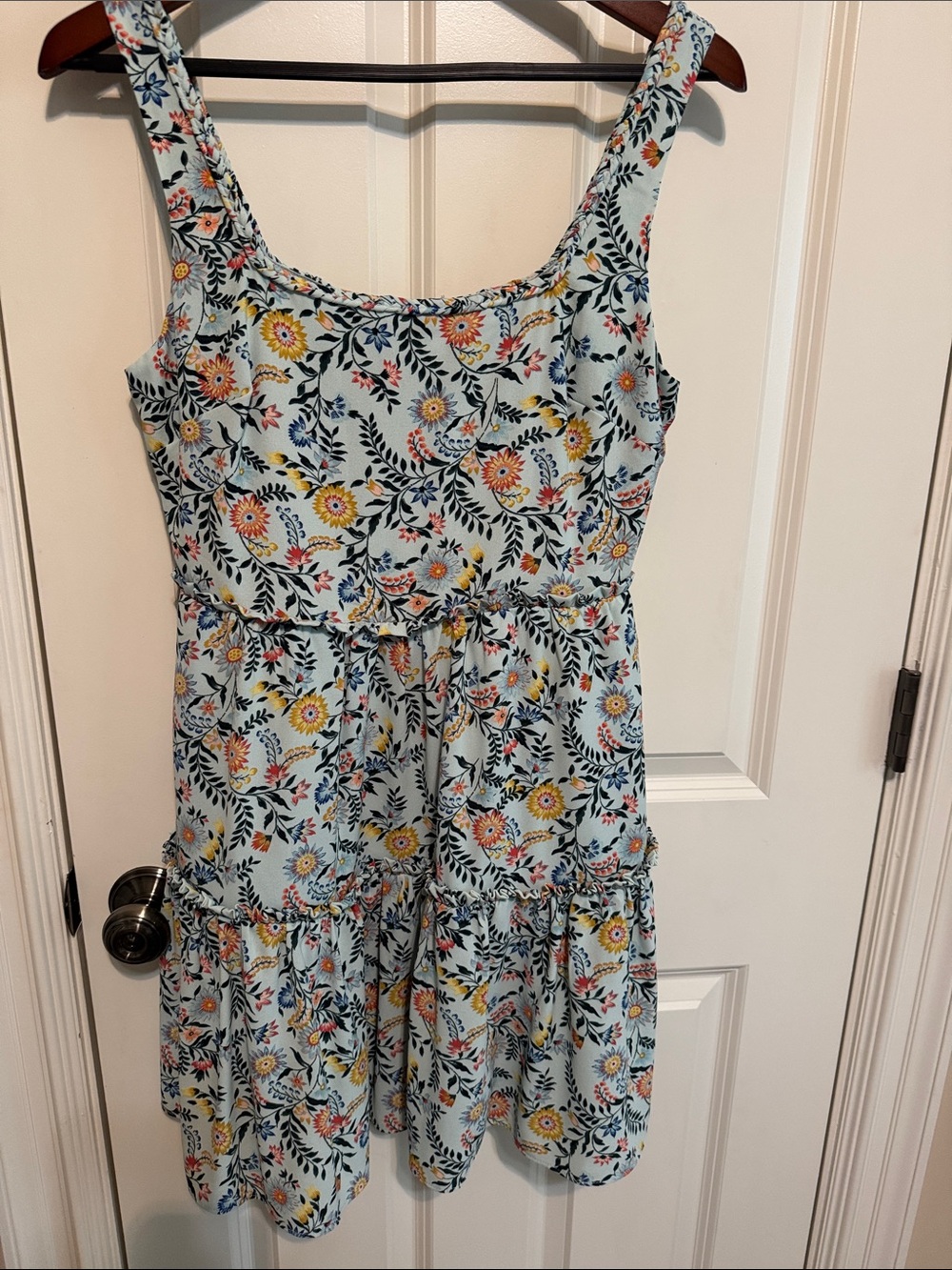 BCBGeneration Light Blue Floral Tiered Mini Dress